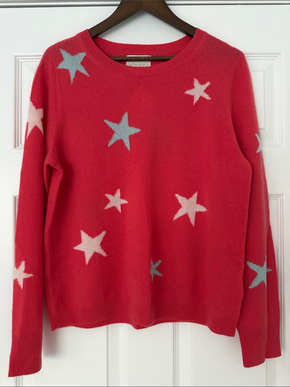 Cynthia Rowley Coral Red Star Crewneck Sweater with Blue & White Stars Sz XL NEW